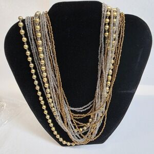 Multistrand Beaded Statement Necklace Womens Gold Clear Boho